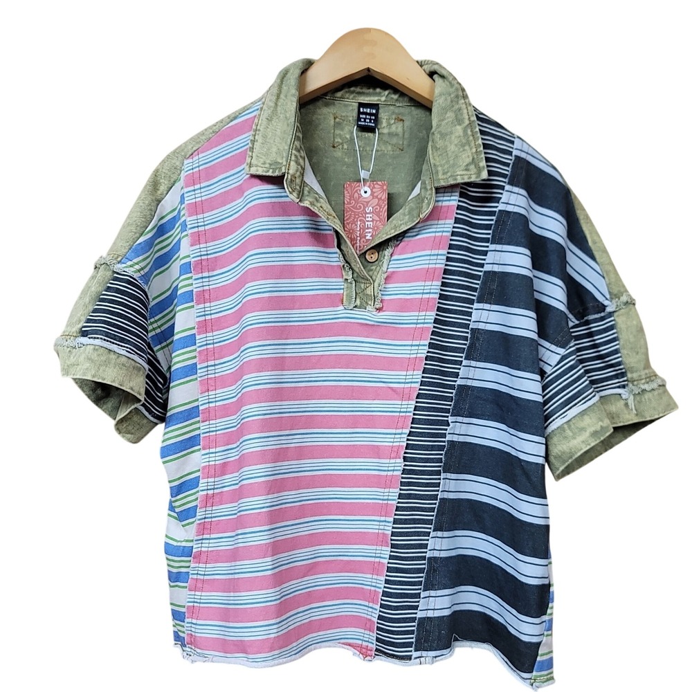 Eclectic Boho Feels Patchwork Striped Polo Shirt Acid Wash Denim Trim Size M NEW